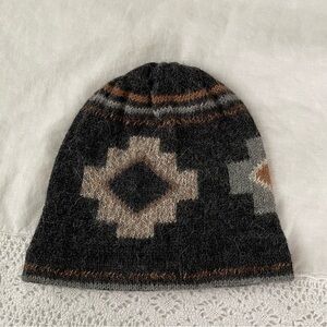 Aztec Southwestern Beanie Gray Cream Brown alpaca wool blend